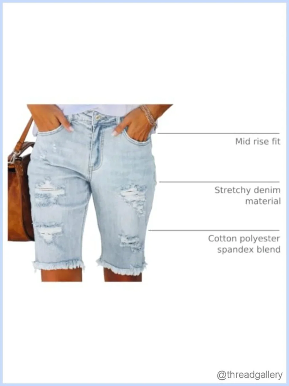 Women's Ripped Mid-Rise Stretchy Denim Bermuda Shorts 10